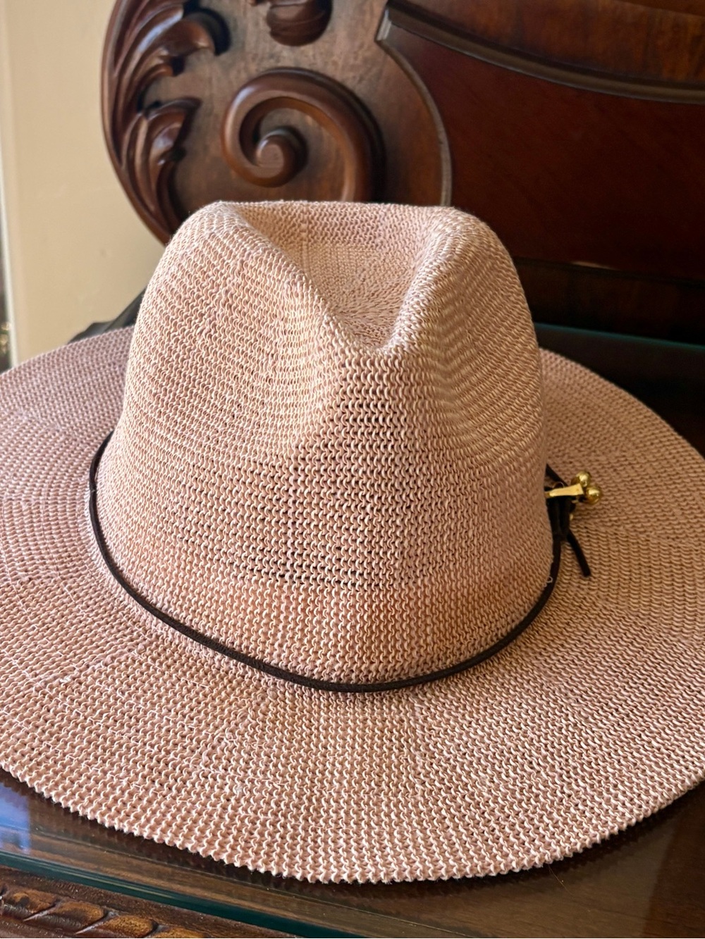 Blush Pink Woven raffia packable adjustable hat with Brown Band & gold accent